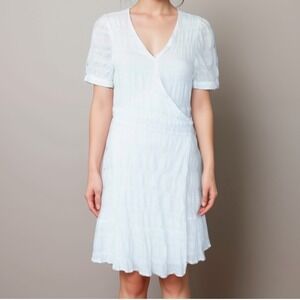 Draper James Mini Dress Sz S White Short Puff Sleeve Wrap V Neck Gauze Tiered